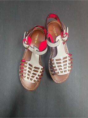 Coach White & Pink Leather Woven T-Strap Sandals